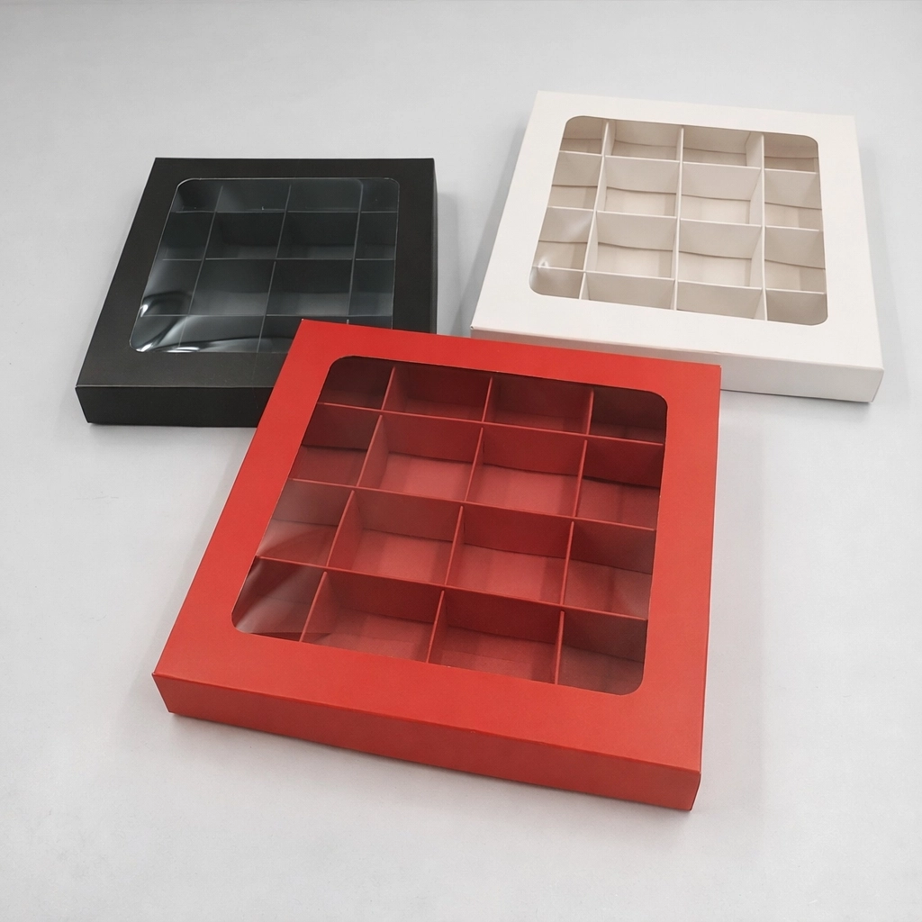 16 Bölmeli Pencereli Karton Çikolata Kutusu – Lokum, Makaron ve Hediyelik Sunum Kutusu