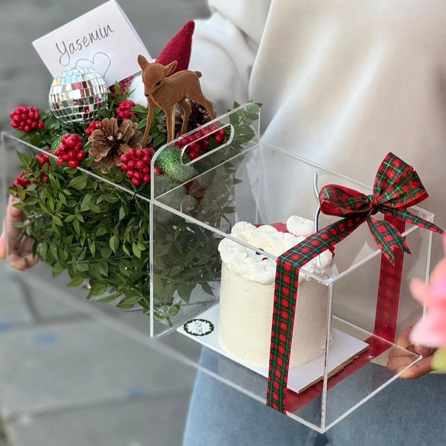 Çiçek Pasta Kutusu – 2 Bölmeli Pleksi Çanta Kutu