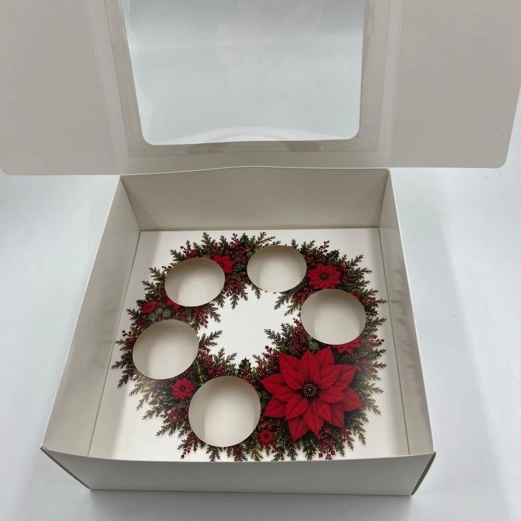 Yılbaşı Çiçeği Temalı 5’li Cupcake Kutusu | Yılbaşı Desenli