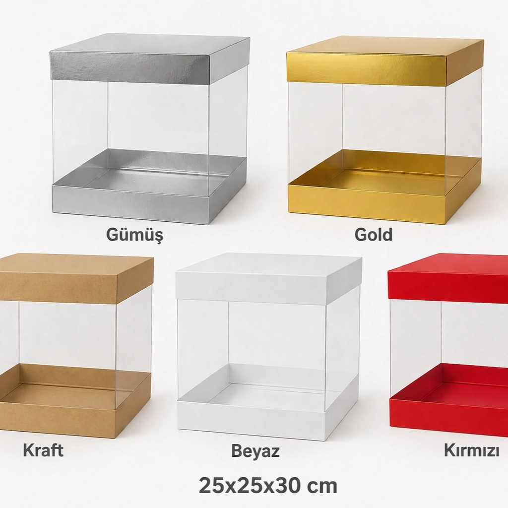 25x25x30 Asetat Pasta Taşıma Kutusu – Şeffaf Pasta Kutusu (Renk Seçenekli)
