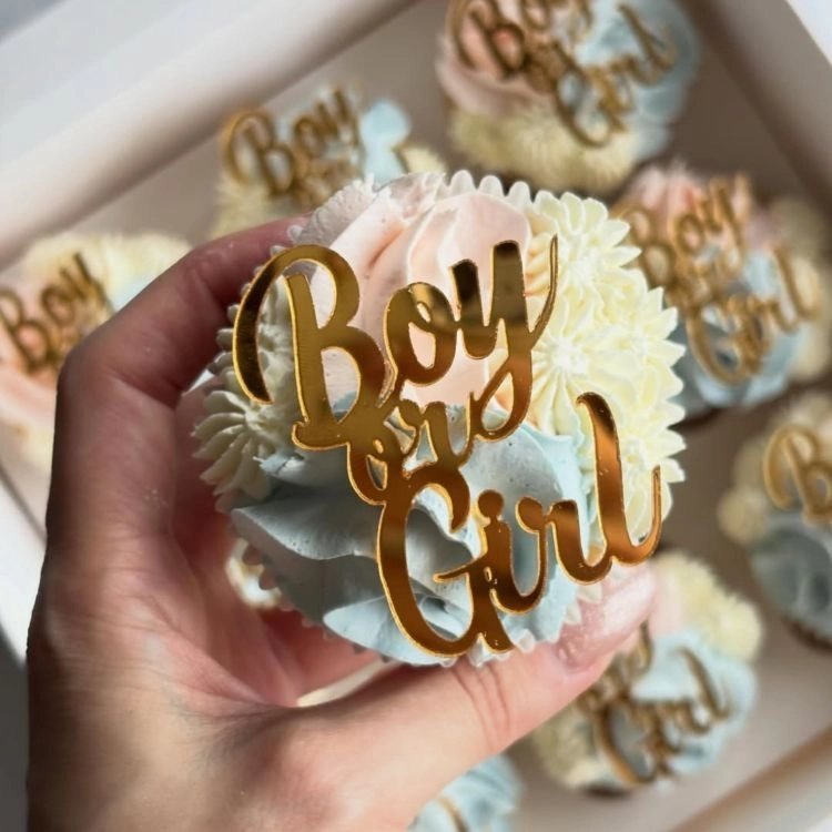 Boy or Girl Pleksi Cupcake Süsü Pleksi Ayna – Baby Shower ve Cinsiyet Partisi Cupcake Süsü