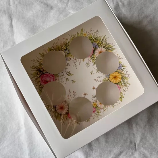 Çelenk Baskılı 6 Bölmeli Çiçek Cupcake Kutusu