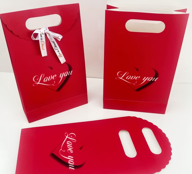 Kırmızı Kalp Desenli Karton Hediye Çantası