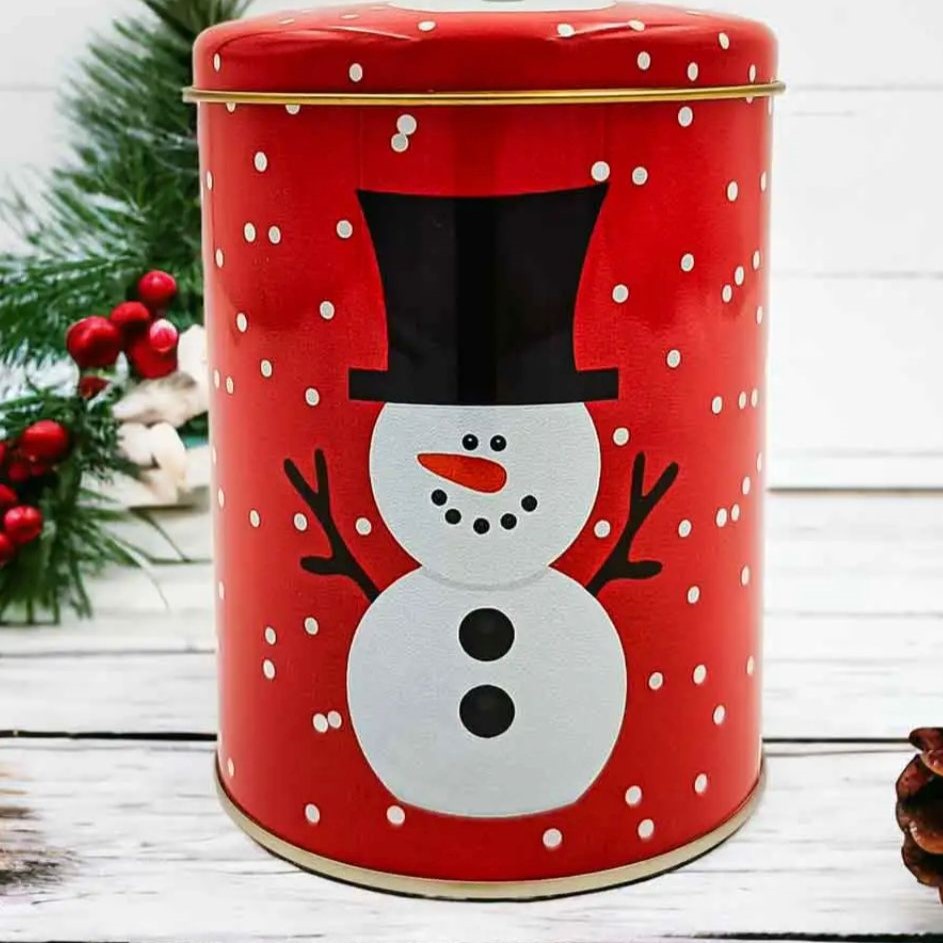 Siyah Şapkalı Kardan Adam Silindir Metal (Teneke) Kutu