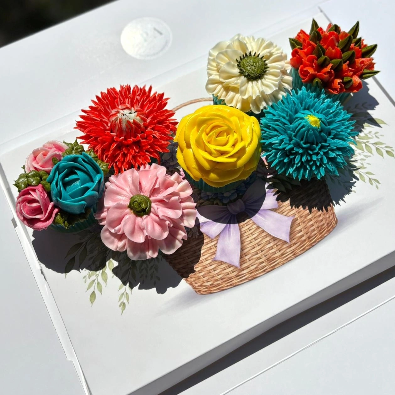 Sepet Baskılı 7’li Cupcake Buketi Kutusu – Pencereli, Tabanlıklı Premium Çiçek Cupcake Kutusu