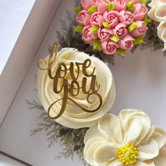 Çiçek Cupcake Süsü | Love You Pleksi Süsü