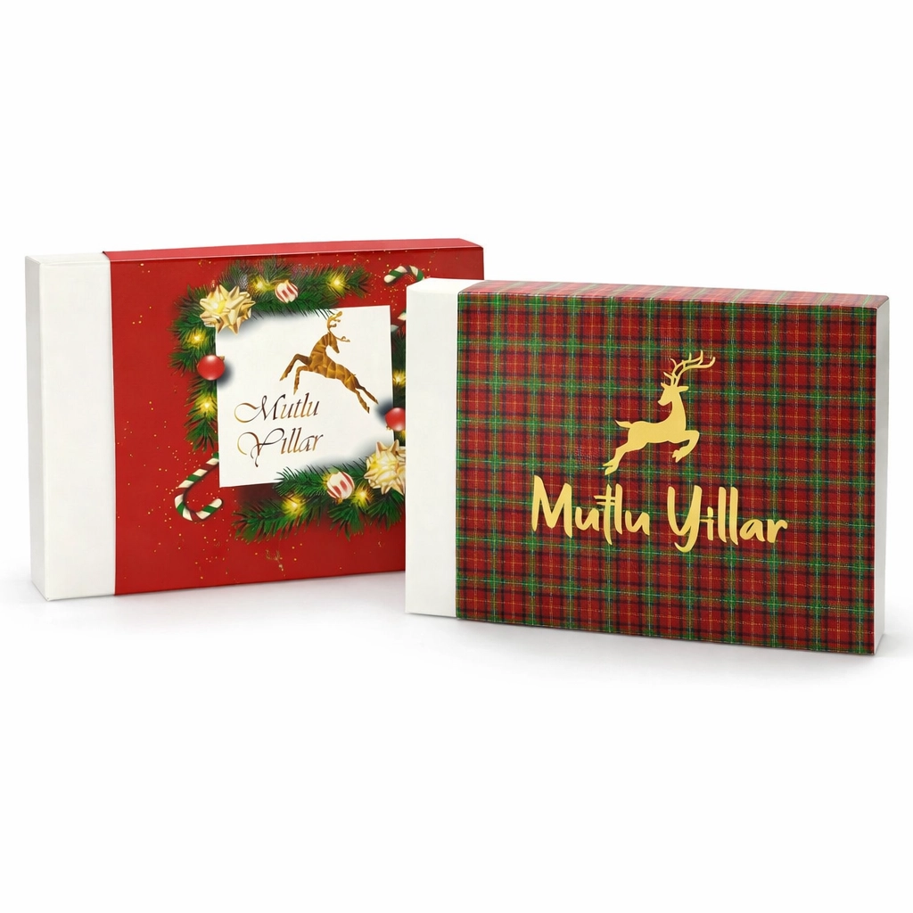 Yılbaşı Özel Tasarım Kapaklı Hediyelik Kutu – 19,5x25,5x5,5 cm | Mutlu Yıllar Desenli
